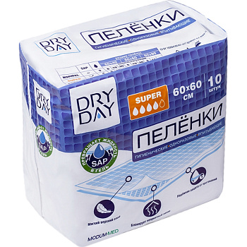 Пеленка гигиенические одноразовые впитывающие Dry Day Super 60 x 60 см, 10 шт